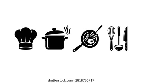 This image displays a collection of culinary tools rendered as black silhouettes against a white background. The set includes a chef’s hat, cooking pot, frying pan with an egg, a whisk, and a knife.