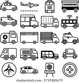 This image displays a collection of different types of vehicles and transportation methods. It includes cars, buses, trucks, an airplane, a taxi, a camper, and other specialized vehicles such as a delivery van and a fire truck. Additionally, there are symbols representing navigation and parking.