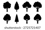 This image displays a collection of eight distinct tree silhouettes, arranged in two rows of four. The silhouettes are presented in solid black against a white background. The collection features a variety of tree shapes, including deciduous trees with rounded, bushy crowns and coniferous trees with a more triangular, tiered form. The trees vary in trunk structure and canopy density, offering a versatile set of natural elements suitable for graphic design, illustration, or educational purposes. Each tree is depicted with a clear trunk and branching structure visible within the silhouette.