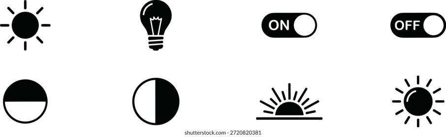 Dieses Bild zeigt eine Sammlung von acht verschiedenen Symbolen, die in zwei Reihen angeordnet sind. Die oberste Reihe verfügt über ein Sonnensymbol, ein Glühbirnensymbol, einen "EIN"-Kippschalter und einen "AUS"-Kippschalter.