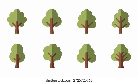 Dieses Bild zeigt eine Sammlung von acht stilisierten Bäumen, die in zwei Reihen von vier angeordnet sind. Jeder Baum verfügt über ein einfaches, abgerundetes grünes Baldachin und einen braunen Stamm, der sich verzweigt. Die Bäume haben eine flache Ästhetik mit subtiler Schattierung, um ihnen ein leichtes 3D-Aussehen zu verleihen. Sie werden auf einfarbigem weißem Hintergrund präsentiert und eignen sich somit für grafische Gestaltungselemente, Illustrationen oder Symbole, die mit der Natur, den Jahreszeiten oder umweltfreundlichen Themen in Zusammenhang stehen.