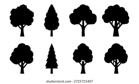 Dieses Bild zeigt eine Sammlung von acht verschiedenen Baumsilhouetten, die in zwei Reihen zu je vier angeordnet sind. Die Silhouetten sind in einfarbigem Schwarz auf weißem Hintergrund dargestellt. Die Sammlung umfasst eine Vielzahl von Baumformen, darunter Laubbäume mit abgerundeten, buschigen Kronen und Nadelbäume mit einer eher dreieckigen, abgestuften Form. Die Bäume unterscheiden sich in der Stammstruktur und der Baumkronendichte und bieten einen vielseitigen Satz natürlicher Elemente, die sich für Grafikdesign, Illustration oder Bildungszwecke eignen. Jeder Baum ist mit einem klaren Stamm und Verzweigung Struktur innerhalb der Silhouette sichtbar dargestellt.