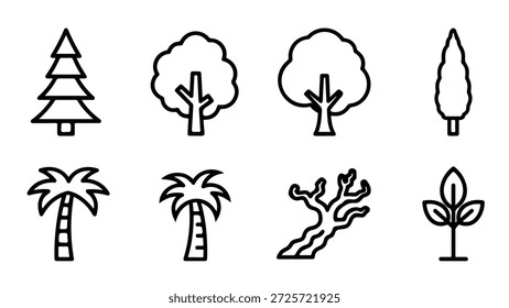 This image displays a collection of eight distinct tree icons, rendered in a simple black and white line art style. The icons showcase a variety of tree types and forms, including a conical fir tree, two rounded deciduous trees, a tall slender conifer, two palm trees, a gnarled bare tree branch, and a young sapling with three leaves. These stylized illustrations are suitable for use in graphic design, web development, or educational materials related to nature and botany.