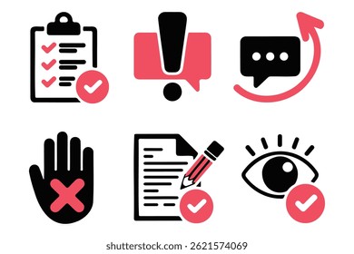 This image displays a collection of flat icons, highlighting various concepts related to approval, rejection, communication, and review processes.