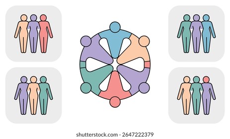 This image displays a collection of flat vector icons. In the top left and bottom right corners, there are three stylized human figures standing si