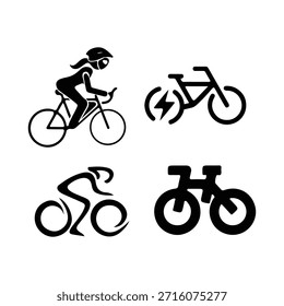 This image displays a collection of four distinct icons related to cycling. The top-left icon shows a silhouette of a person wearing a helmet and riding a bicycle, possibly representing a commuter or recreational cyclist. The top-right icon depicts a bicycle with an electric symbol, indicating an e-bike or electric-assisted bicycle. The bottom-left icon illustrates a stylized silhouette of a cyclist in a racing posture, characteristic of road cycling or competitive cycling. The bottom-right icon presents a unique representation of a bicycle, perhaps a tandem or a specialized design. These icons collectively symbolize the diversity within the world of cycling, from everyday transportation to modern electric assistance and athletic pursuits.