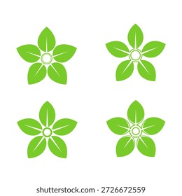 Esta imagem mostra uma coleção de quatro flores estilizadas idênticas, cada uma com a forma de uma estrela de cinco pontas. As pétalas são um verde vibrante e parecem ser folhas, com padrões de ventilação claros. No centro de cada flor há um pequeno detalhe circular, também verde, rodeado por um anel branco. O fundo é branco puro, fazendo com que os gráficos florais se destacam proeminentemente. Esses gráficos são simples, limpos e podem ser usados para vários fins decorativos ou de design.