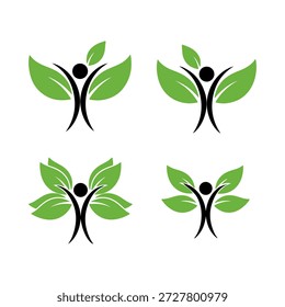 This image displays a collection of four abstract logos, each featuring a stylized human figure with arms outstretched, integrated with vibrant green leaves. The leaves are depicted as extending from the figure's back and shoulders, resembling wings or a natural aura. The figures are rendered in a simple, silhouette-like style with a black circular head and a black body. The leaves are a bright, fresh green, suggesting growth, nature, and vitality. The overall composition conveys themes of health, wellness, environmental consciousness, and the harmonious relationship between humans and nature. The logos are presented on a clean white background, emphasizing their design and symbolism.