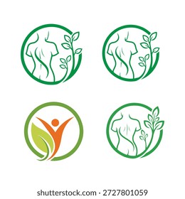 Dieses Bild zeigt eine Kollektion von vier kreisförmigen Logos, die jeweils ein eigenes, aber dennoch verwandtes Design aufweisen. Die Logos oben links und oben rechts zeigen einen stilisierten Umriss eines menschlichen Rumpfes, der in einem hellgrünen Farbton dargestellt ist, umgeben von zarten grünen Blättern und Stängeln. Das Logo unten links zeigt eine lebendige, orangefarbene abstrakte menschliche Figur in einer feierlichen Pose, mit grünen Blattelementen, die in das Design integriert sind, die alle innerhalb eines grünen und orangefarbenen kreisförmigen Randes eingeschlossen sind. Das Logo unten rechts ist identisch mit den beiden oberen, was das visuelle Design verstärkt. Diese Logos rufen ein Gefühl von Wellness, Natur und ganzheitlicher Gesundheit hervor.