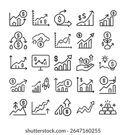 Esta Imagen muestra una colección de iconos de arte lineal, cada uno de los cuales representa un concepto relacionado con el crecimiento financiero, la inversión y el progreso económico.