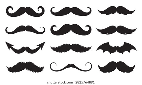 This image displays a collection of mustaches in different styles, presented as a black silhouette against a white background. The