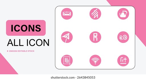 This image displays a collection of nine distinct icons, each rendered in white against a pink circular background, perfect for various design applications.