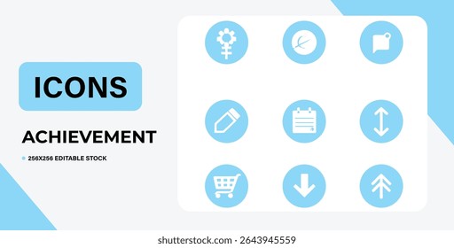 This image displays a collection of nine achievement icons in light blue circles, designed for web and mobile applications.