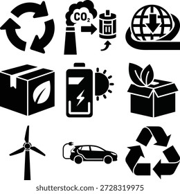 This image displays a collection of nine black and white icons, each symbolizing a different aspect of environmental consciousness and green technology. The icons include a recycling symbol, a factory emitting CO2 into a battery, a globe with a downward arrow in hands, a cardboard box with a leaf, a battery charging under the sun, an open box with leaves, a wind turbine, an electric car plugged in, and another recycling symbol. Together, they represent concepts like recycling, carbon capture, sustainability, eco-friendly packaging, solar energy, renewable resources, and electric vehicles.