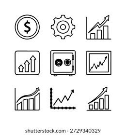 Esta Imagen muestra una colección de nueve íconos simples de arte lineal relacionados con las finanzas y los negocios. Los iconos incluyen una moneda de dólar, un engranaje que simboliza la industria o el proceso, y varios gráficos de barras y líneas que ilustran las tendencias al alza y el crecimiento. También se representa una caja fuerte segura, que representa la seguridad financiera y la protección de la inversión. Estos iconos transmiten colectivamente temas de progreso económico, estrategia y activos de protección.