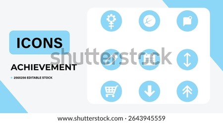 This image displays a collection of nine achievement icons in light blue circles, designed for web and mobile applications.