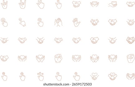 This image displays a collection of outline drawings illustrating diverse hand signs, gestures, and handshake positions, all presented as linear hand positions against a white background.