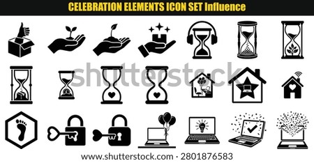This image displays a collection of shapes representing celebration themes including an open box hands hourglasses houses and laptops with party elements in a