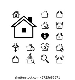 Esta Imagen muestra una colección de íconos simples de arte lineal, principalmente con casas. Los íconos varían en detalle e incluyen Elementos como flechas que indican movimiento (arriba, abajo), símbolos monetarios ($) dentro de una forma de corazón, marcas de verificación que sugieren Aprobación o finalización, una lupa para la búsqueda y señales Wi-Fi que indican conectividad. La estética general es limpia y moderna, adecuada para su uso en Diseños web, interfaces de App o proyectos de Diseño gráfico relacionados con bienes raíces, vivienda o servicios digitales.