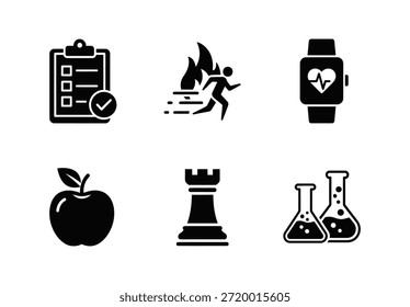 Esta Imagen muestra una colección de seis iconos sólidos en blanco y negro dispuestos en una cuadrícula. Los iconos simbolizan varios aspectos de la vida y el trabajo modernos. La fila superior presenta un Portapapeles con una lista de verificación y una marca de verificación, que indica la finalización o planificación de la tarea; una silueta de una persona que corre con llamas y líneas de velocidad, que representa un ejercicio intenso o quema de calorías; y un reloj inteligente que muestra un monitor de frecuencia cardíaca, que significa seguimiento de la condición física y monitoreo de la salud. La fila inferior incluye una manzana, que simboliza una alimentación y nutrición saludables; una pieza de torre de ajedrez, que representa la estrategia y los juegos; y dos frascos de laboratorio, que denotan la ciencia y la investigación. El diseño simple y limpio hace que estos iconos de glifos sean adecuados para una amplia gama de aplicaciones, desde interfaces digitales hasta gráficos informativos.