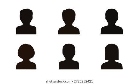 Dieses Bild zeigt eine Sammlung von sechs dunklen Silhouette Avatare in zwei Reihen von drei angeordnet. Die Avatare stellen allgemeine menschliche Figuren dar, mit Variationen in Frisuren, die sowohl männliche als auch weibliche Darstellungen suggerieren. Die obere Reihe verfügt über drei Figuren mit Frisuren typischerweise mit Männchen assoziiert, während die untere Reihe enthält zwei Figuren mit Frisuren allgemein mit Weibchen assoziiert und eine neutrale Darstellung. Alle Figuren werden als durchgehende schwarze Formen auf sauberem weißem Hintergrund präsentiert, sodass sie sich ideal für die Verwendung als Profilbilder, Benutzersymbole oder Platzhalter in digitalen Schnittstellen und Präsentationen eignen.