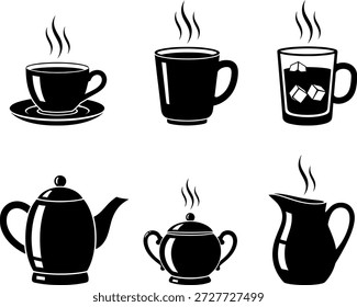 Esta Imagen muestra una colección de seis diferentes envases de bebidas calientes. De izquierda a derecha, de arriba a abajo, los recipientes incluyen una taza de té en un platillo, una taza, una taza de vidrio con cubitos de hielo, una tetera, una Pequeña tetera y una cafetera. Cada recipiente se representa con el vapor subiendo, lo que indica que las bebidas están calientes.