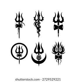 Dieses Bild zeigt eine Kollektion von sechs verschiedenen schwarzen Silhouettendesigns des Trishul, des göttlichen Dreizängers, der mit Lord Shiva verbunden ist. Jedes Design variiert in seiner Verzierung und Stil, die die facettenreiche Darstellung dieses mächtigen Symbol. Das Trishul ist eine bekannte Waffe und ein Emblem im Hinduismus, das die drei grundlegenden Aspekte der Existenz repräsentiert: Schöpfung, Bewahrung und Vernichtung sowie die drei Gewehre: sattva, rajas und tamas. Diese Silhouetten werden häufig in religiöser Kunst, Tattoos und Ikonographie verwendet.