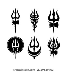 Esta Imagen muestra una colección de seis símbolos distintos en blanco y negro, todas las variaciones del Trishul, el arma tridente divina asociada con el Señor Shiva. Cada Trishul se representa con un Damaru (un tambor de mano de dos cabezas) y, a veces, otros Elementos simbólicos como una serpiente o una luna creciente, enfatizando su conexión con los atributos y el poder de Shiva. La disposición de estos símbolos proporciona una representación visual de la naturaleza multifacética de esta poderosa deidad en el hinduismo.