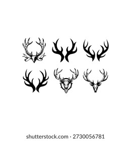 Dieses Bild zeigt eine Sammlung von sechs schwarz-weißen Grafiken mit stilisierten Hirschgeweihen und Schädeln. Die Designs sind in einem Raster über zwei Reihen angeordnet und bieten verschiedene Stile. Die Variationen umfassen einfache, fette Silhouetten von Geweihen und detaillierte, komplexe Illustrationen von vollen Schädeln mit markanten Geweihen, die Tätowierungen oder grafischen Elementen ähneln.