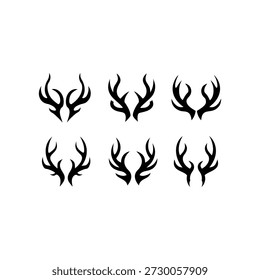 This image displays a collection of six black-and-white graphics featuring stylized deer antlers and skulls. The designs are arranged in a grid across two rows, offering different styles. The variations include simple, bold silhouettes of antlers and detailed, intricate illustrations of full skulls with prominent antlers, resembling tattoo designs or graphic art elements.
