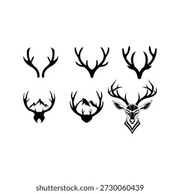 Dieses Bild zeigt eine Sammlung von sechs schwarz-weißen Grafiken mit stilisierten Hirschgeweihen und Schädeln. Die Designs sind in einem Raster über zwei Reihen angeordnet und bieten verschiedene Stile. Die Variationen umfassen einfache, fette Silhouetten von Geweihen und detaillierte, komplexe Illustrationen von vollen Schädeln mit markanten Geweihen, die Tätowierungen oder grafischen Elementen ähneln.