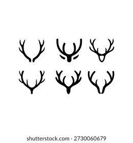 Esta imagem mostra uma coleção de seis gráficos em preto-e-branco com galhadas e crânios estilizados de veados. Os designs são organizados em uma grade em duas linhas, oferecendo estilos diferentes. As variações incluem silhuetas simples e arrojadas de galhadas e ilustrações detalhadas e intrincadas de crânios completos com galhadas proeminentes, assemelhando-se a desenhos de tatuagens ou elementos gráficos de arte.