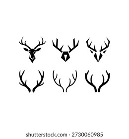 This image displays a collection of six black-and-white graphics featuring stylized deer antlers and skulls. The designs are arranged in a grid across two rows, offering different styles. The variations include simple, bold silhouettes of antlers and detailed, intricate illustrations of full skulls with prominent antlers, resembling tattoo designs or graphic art elements.