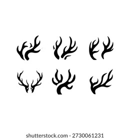 Esta imagem mostra uma coleção de seis gráficos em preto-e-branco com galhadas e crânios estilizados de veados. Os designs são organizados em uma grade em duas linhas, oferecendo estilos diferentes. As variações incluem silhuetas simples e arrojadas de galhadas e ilustrações detalhadas e intrincadas de crânios completos com galhadas proeminentes, assemelhando-se a desenhos de tatuagens ou elementos gráficos de arte.