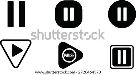 This image displays a collection of six distinct media control icons, rendered in black and white. 