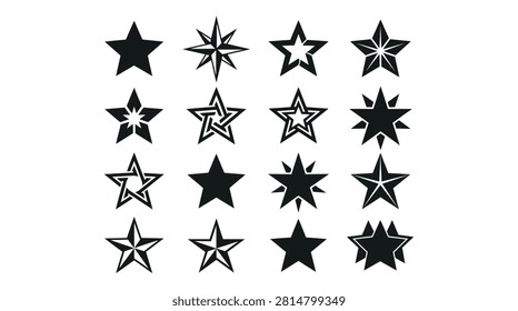 This image displays a collection of star shapes rendered as black silhouettes against a white background. The style is flat