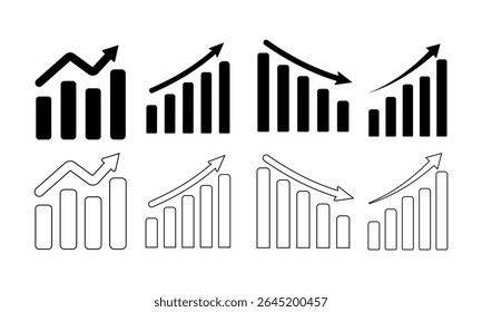 This image displays a collection of stylized bar chart icons, both filled and outlined. Each chart depicts a trend line indicating either growth or decline, presented on a transparent background. - Powered by Shutterstock - Get 15% off with code: PIKWIZARD15
