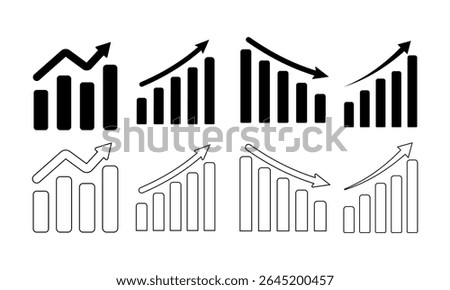 This image displays a collection of stylized bar chart icons, both filled and outlined. Each chart depicts a trend line indicating either growth or decline, presented on a transparent background.