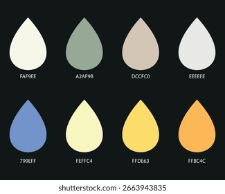 Esta Imagen muestra una colección de muestras de color en forma de lágrima, perfectas para la inspiración de diseño de interiores o la selección de color para varios proyectos.
