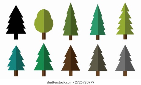 This image displays a collection of ten stylized trees rendered in a flat design aesthetic. The trees are arranged in two rows of five. The first row features a solid black evergreen, a green deciduous tree with a rounded canopy, a dark green evergreen, a teal evergreen, and a lighter green evergreen. The second row presents another set of evergreens in teal, vibrant green, brown, dark gray, and a lighter gray hue. All trees have simple brown trunks and are set against a white background, creating a clean and graphic presentation suitable for design elements or illustrations.