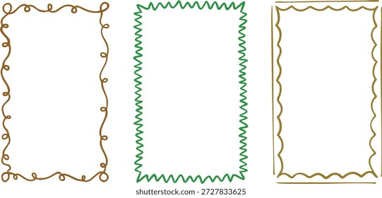Esta Imagen muestra una colección de tres bordes decorativos rectangulares únicos perfectos para crear invitaciones o certificados. El conjunto incluye un caprichoso borde de vid en espiral marrón, un borde dentado o en zig-zag verde brillante y un diseño de marco de línea ondulada de oliva apagado. Estos diversos estilos de borde ofrecen versatilidad para varios proyectos de Diseño gráfico que necesitan un toque artístico dibujado a mano. Utilice estos Elementos para enmarcar texto, Fotos o ilustraciones, añadiendo un interés visual instantáneo y un toque de encanto a cualquier documento imprimible o creación digital. Proporcionan una excelente segmentación visual mientras mantienen limpia la zona blanca central.
