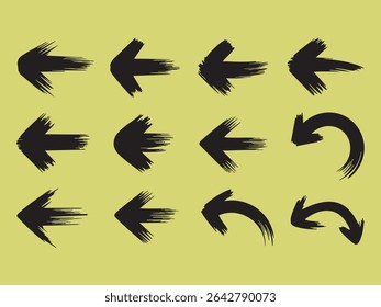 Esta imagem exibe uma coleção de doze setas desenhadas à mão, apresentadas em um estilo de silhueta preta impressionante contra um fundo amarelo claro. As setas mostram várias orientações direcionais