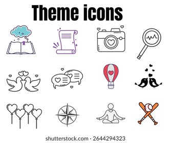 This image displays a collection of twelve diverse theme icons, largely centered around concepts of love, communication, and leisure activities.