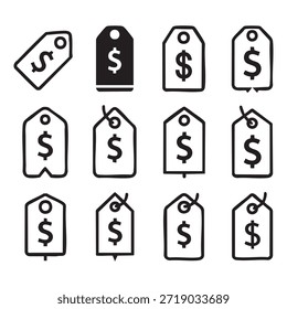 Esta Imagen muestra una colección de doce etiquetas, cada una con un signo de dólar. Las etiquetas varían en diseño, incluyendo diferentes Formas y Orientaciones. Están dispuestas en un formato de cuadrícula, con tres filas y cuatro columnas. Los signos de dólar se muestran de manera prominente en el centro de cada etiqueta, lo que indica un tema relacionado con el dinero o el Precios.
