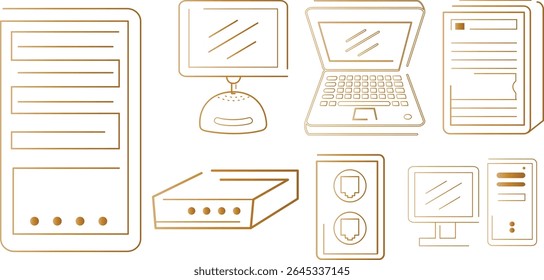 Dieses Bild zeigt eine Sammlung verschiedener Computerkomponenten, die in einer einfachen, goldfarbenen Linienzeichnung wiedergegeben werden.