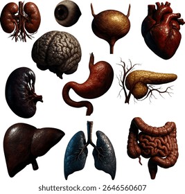 Esta Imagen muestra una colección de varios órganos internos humanos, cada uno separado y dispuesto sobre un fondo blanco, lo que permite una visibilidad clara de los detalles de cada órgano