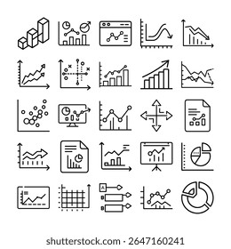 Esta imagem exibe uma coleção de vários ícones de gráficos de dados, incluindo gráficos de barras, gráficos de linhas, gráficos de pizza e gráficos de dispersão, tudo em preto e branco.