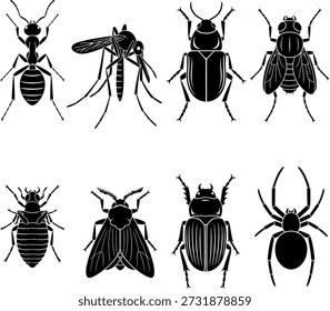 Esta Imagen muestra una colección de varias siluetas de insectos, cada una de forma y tamaño únicos. Los insectos incluyen una hormiga, un mosquito, un escarabajo, una mosca, una abeja, una mariquita, una polilla y una araña. Cada insecto se representa en un estilo de silueta simple en blanco y negro, destacando sus características distintivas y estructuras corporales.