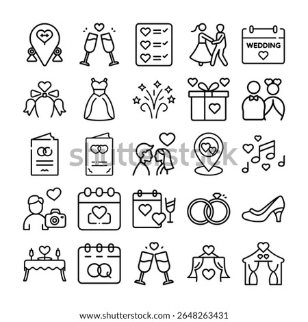 This image displays a collection of wedding-related icons in a simple, outlined style, covering various aspects of the wedding celebration.