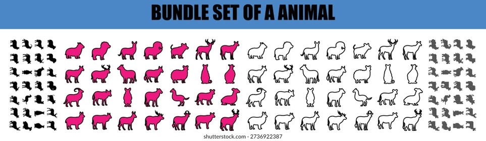 This image displays a comprehensive bundle set of animal illustrations and silhouette icons It includes multiple pinkcolored cartoonstyle animals and numerous black outline and silhouette versions of different mammals showcasing a variety of species in distinct poses